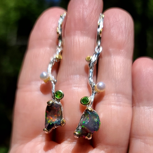 RAW black Opal chrome Diopside pearl & citrine sterling vine earrings - Picture 5 of 13